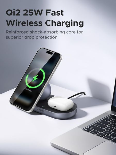 UGREEN Zapix 2-in-1 Magnetic Зарядний пристрій Stand (Qi2 25W, MagSafe Compatible) &mdash; колір: Чорний 85400 фото