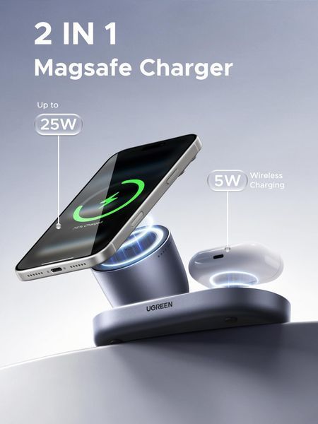 UGREEN Zapix 2-in-1 Magnetic Зарядний пристрій Stand (Qi2 25W, MagSafe Compatible) &mdash; колір: Чорний 85400 фото