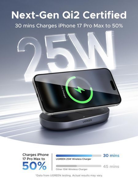 UGREEN Zapix 2-in-1 Magnetic Зарядний пристрій Stand (Qi2 25W, MagSafe Compatible) &mdash; колір: Чорний 85400 фото