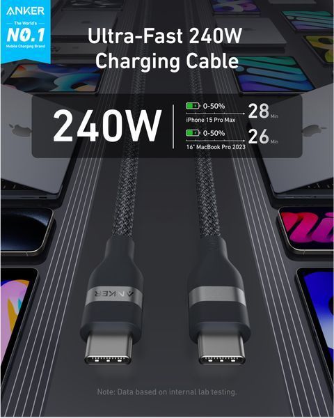 Кабель Anker USB-C до USB-C (240 W, плетений з перероблених матеріалів) &mdash; розмір: 3ft; колір: Чорний A82E2011 фото