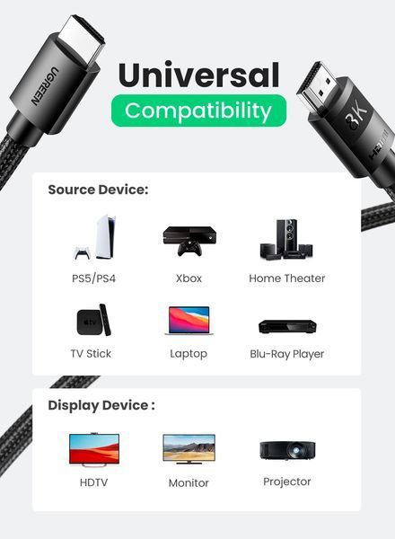 UGREEN 8K HDMI 2.1 Кабель Ultra HD 8K@60Hz 4K@120Hz High Speed 48Gbps &mdash; розмір: 1m 40178 фото