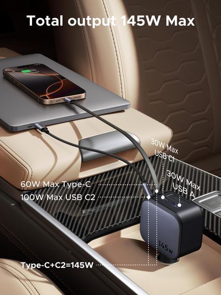 UGREEN Nexode Автомобільний зарядний пристрій 145W with Retractable USB-C Кабель 55910 фото