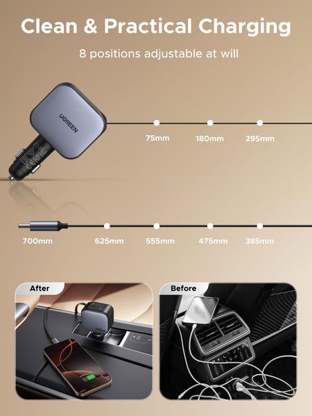 UGREEN Nexode Автомобільний зарядний пристрій 145W with Retractable USB-C Кабель 55910 фото