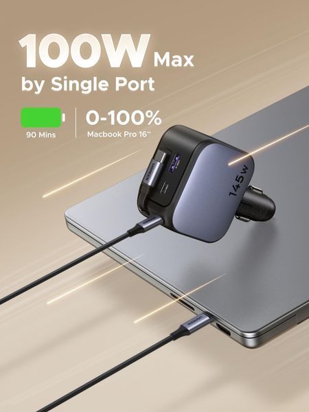 UGREEN Nexode Автомобільний зарядний пристрій 145W with Retractable USB-C Кабель 55910 фото