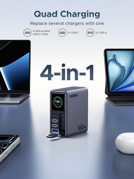 UGREEN Nexode Pro Smart Display Зарядний пристрій (160W, 4-Port, GaN, Retractable Кабель, App Control) 95256 фото