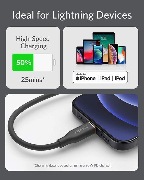 Anker 641 USB-C to Lightning Кабель (Flow, 3ft Silicone) &mdash; Midnight Чорний (3ft) A8662011 фото